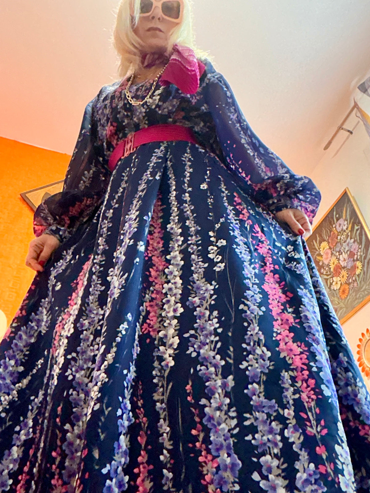 Robe Longue Tergal Mousseline à Fleurs Creation Vintage 1970- T46maxi.