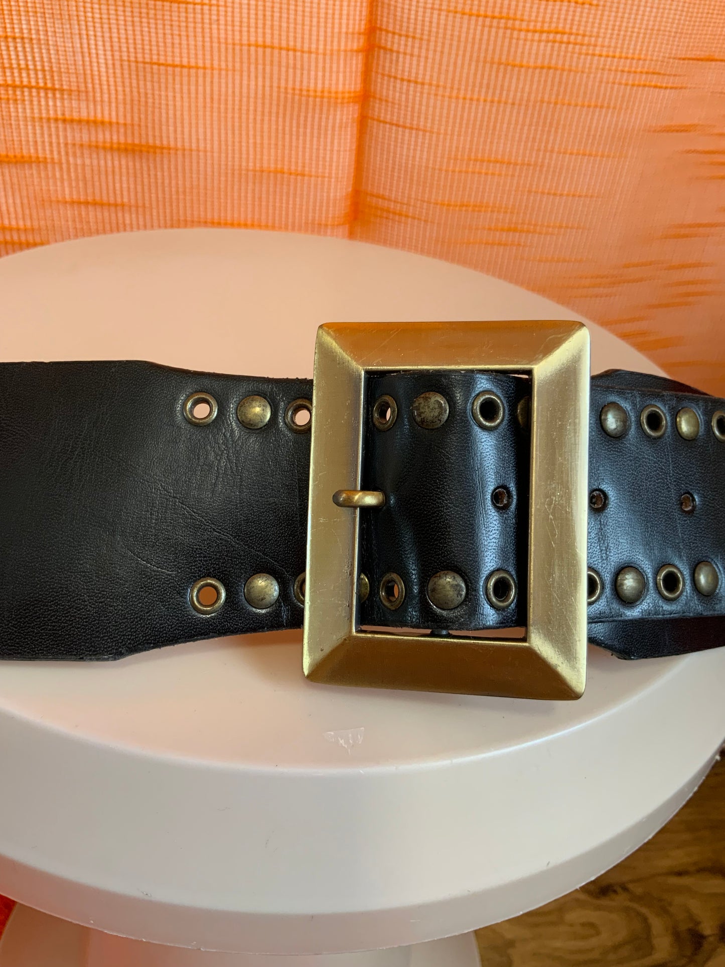 Ceinture cuir noir métal Vintage- T40