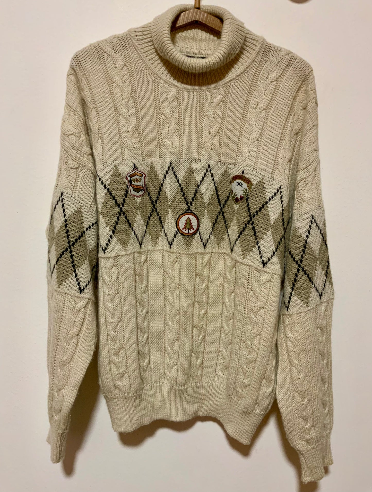Pull Col roulé motifs Burlington carreaux et torsades Vintage Italy 1990- TU