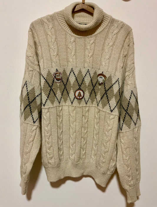 Pull Col roulé motifs Burlington carreaux et torsades Vintage Italy 1990- TU