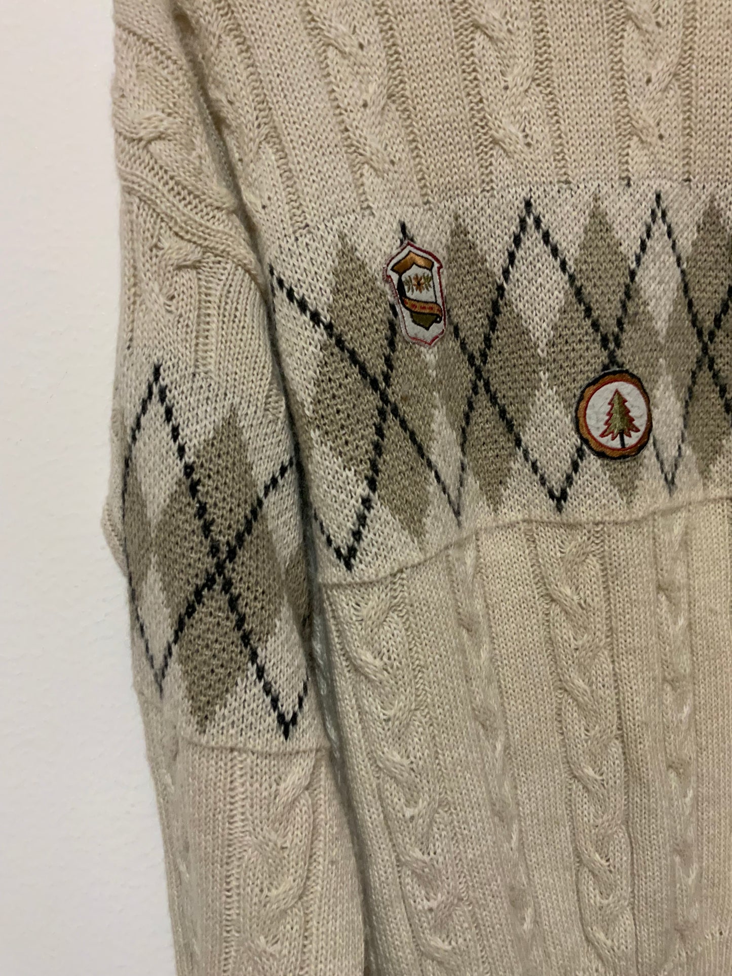 Pull Col roulé motifs Burlington carreaux et torsades Vintage Italy 1990- TU