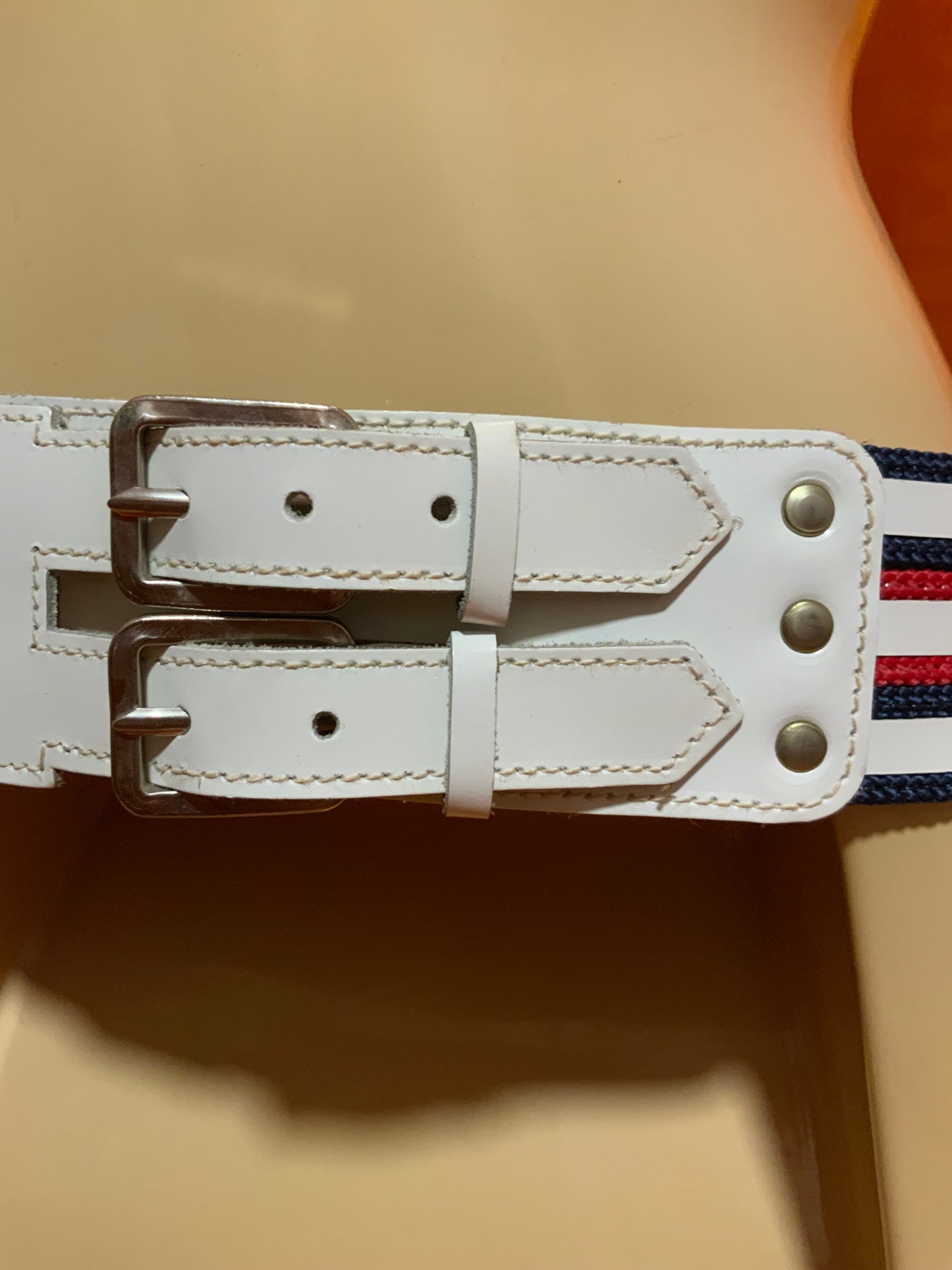 Ceinture Bleu blanc rouge Cuir blanc Vintage 1980 - T38