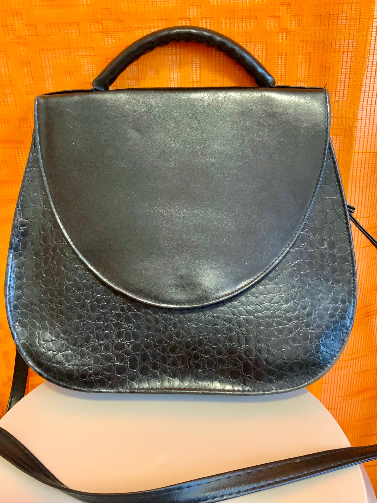 Sac à main grains croco Cuir Noir Vintage 1990-