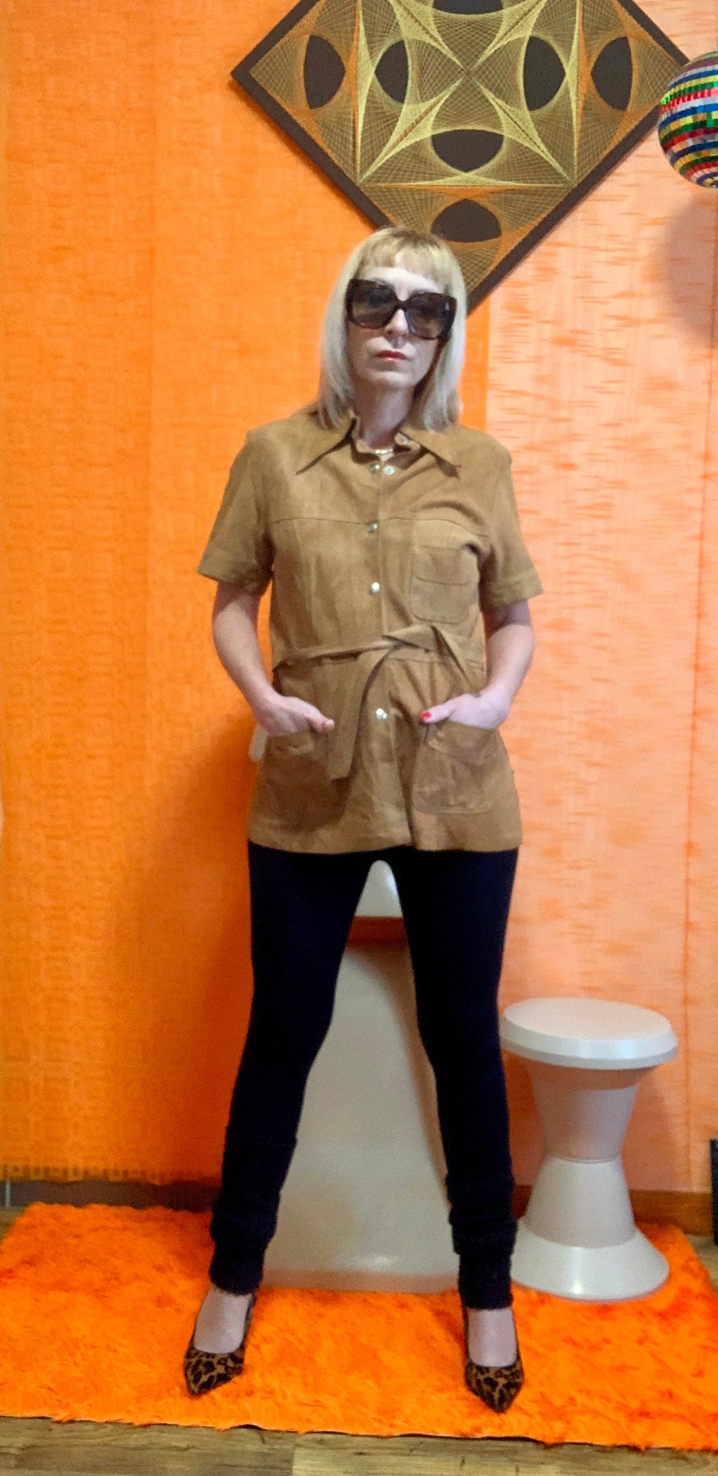 Veste en Daim col pelle à tartes bohème unique Vintage Seventies - T38