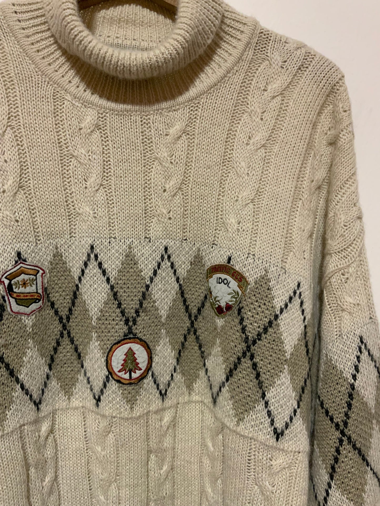 Pull Col roulé motifs Burlington carreaux et torsades Vintage Italy 1990- TU
