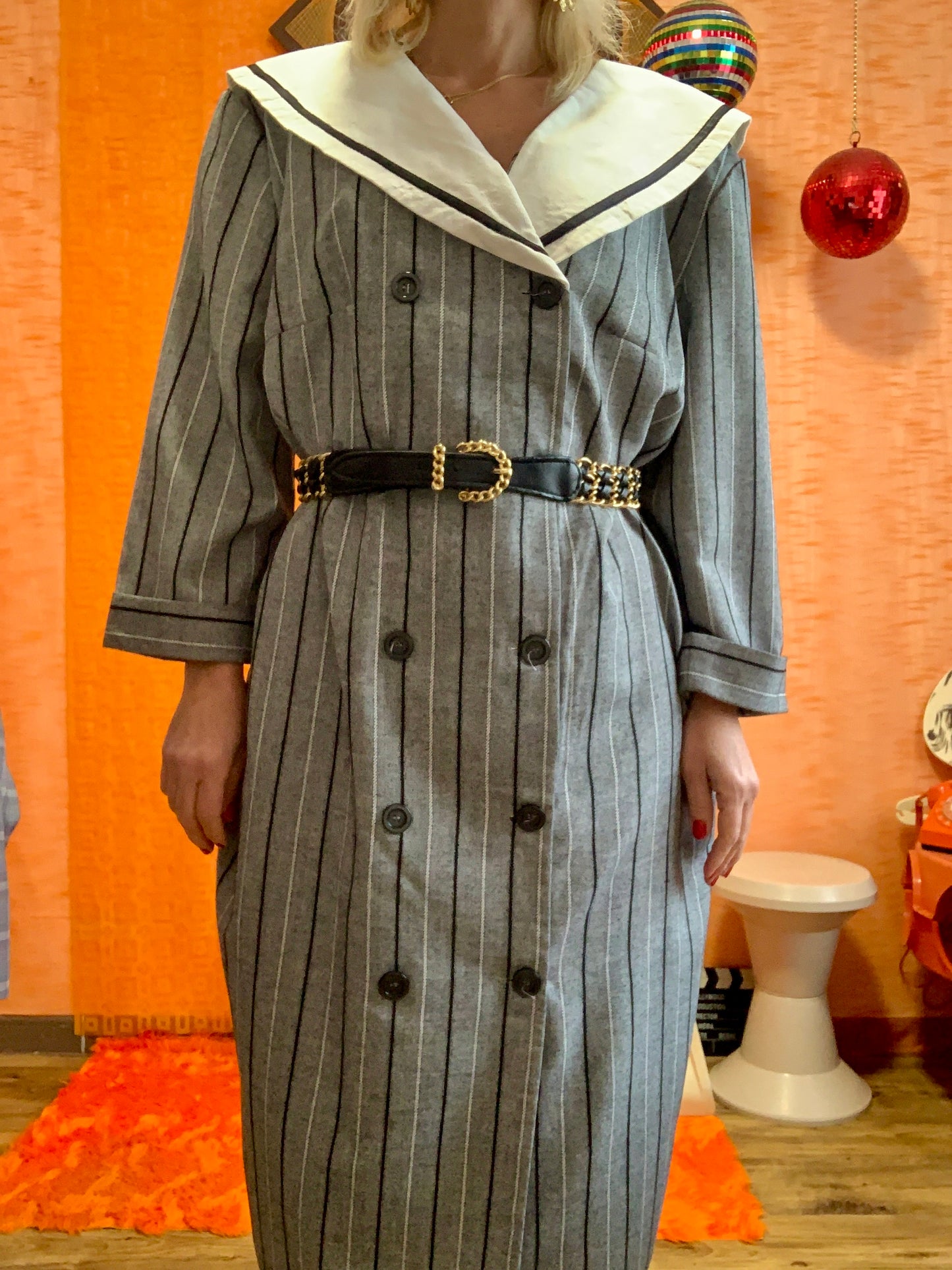 Robe Boutonnée Rayures Grand Col Marin France 1980