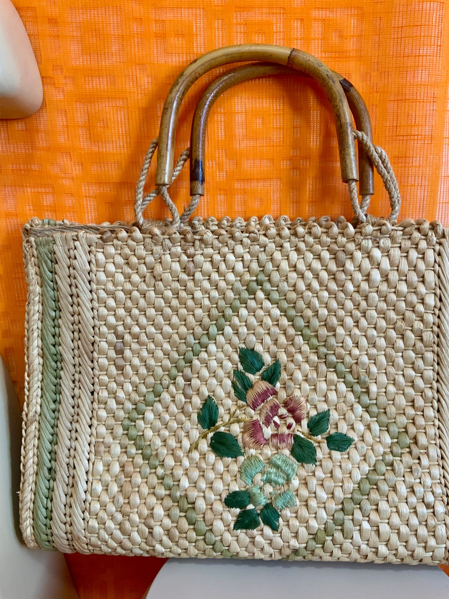 Très grand panier Italy Vintage Fleurs Paille tressée