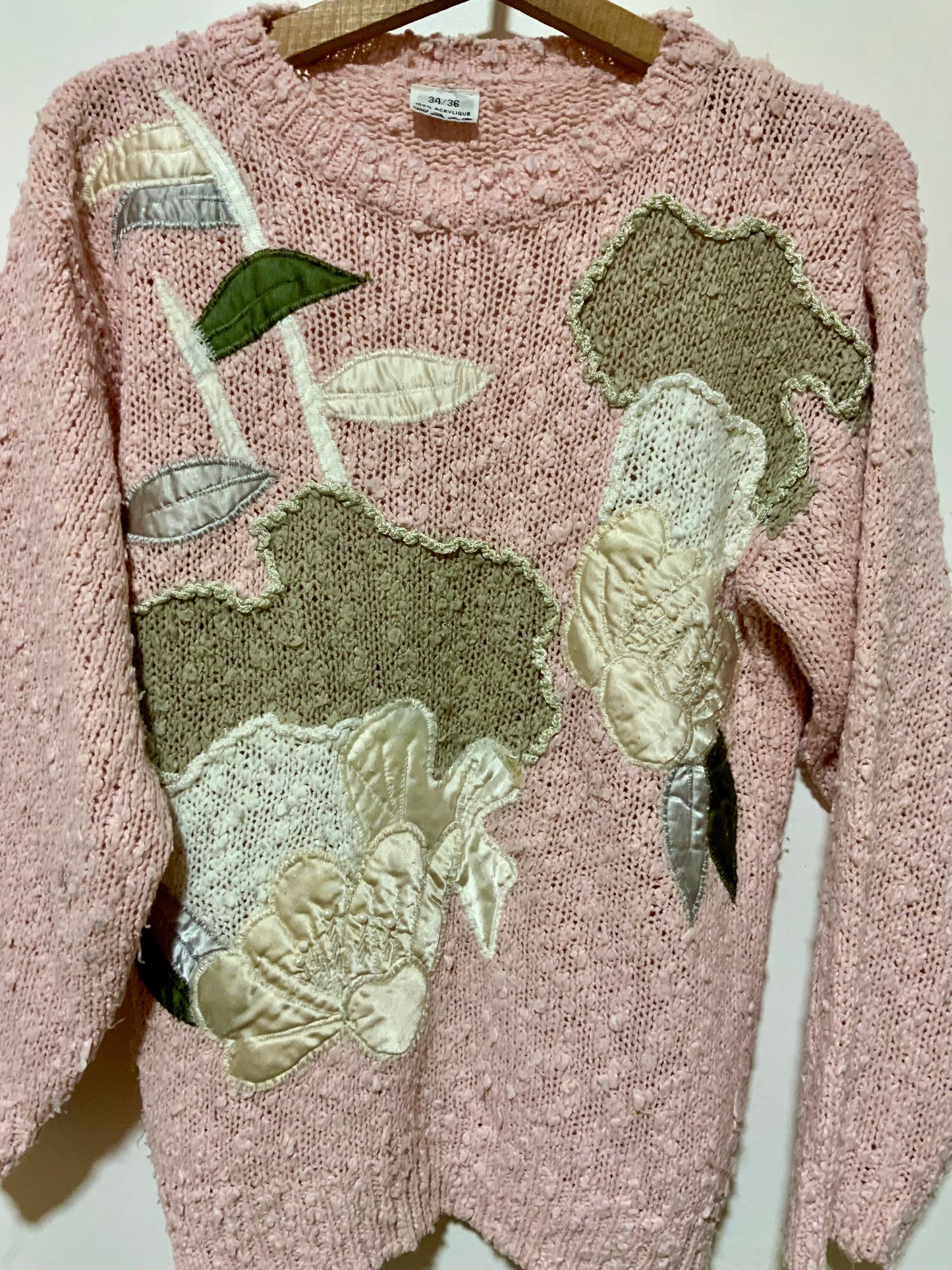 Pull Laine rose à fleurs Vintage 1980- T38