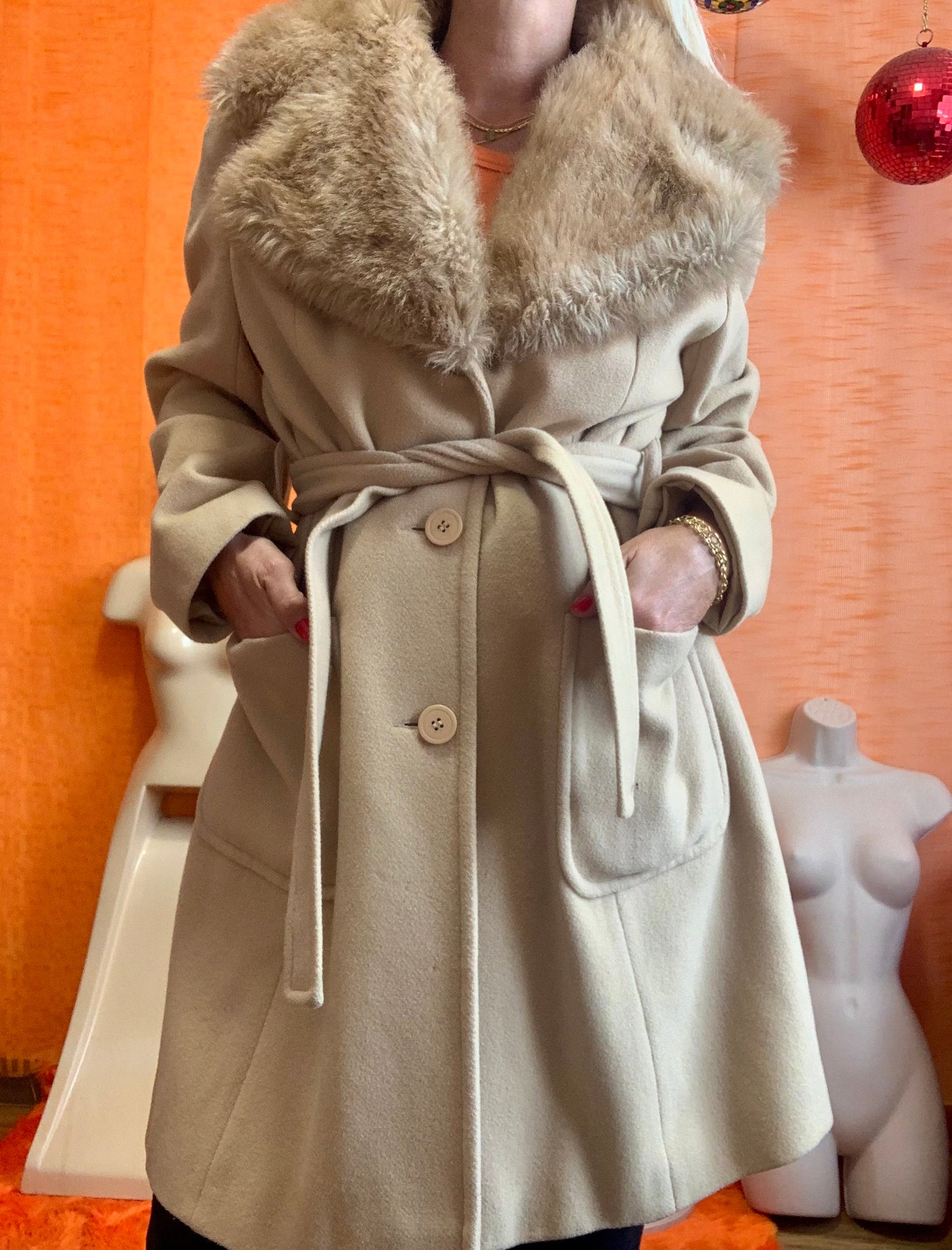 Manteau Laine Vintage 1990 Col Fourrure Synthétique - T42/44 maxi.