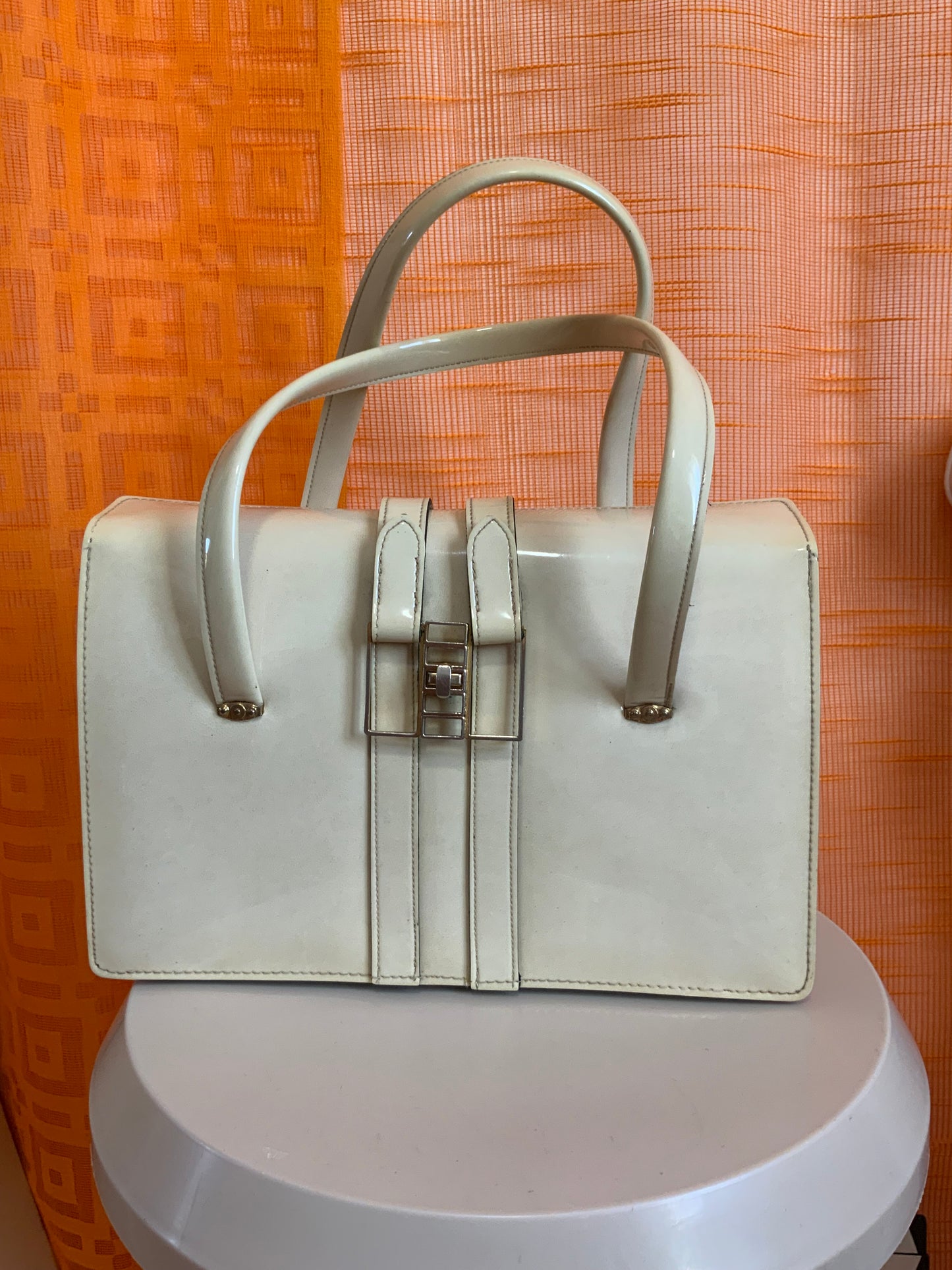 Élégant Sac cuir vernis blanc Ancien Années 50/60 Vintage