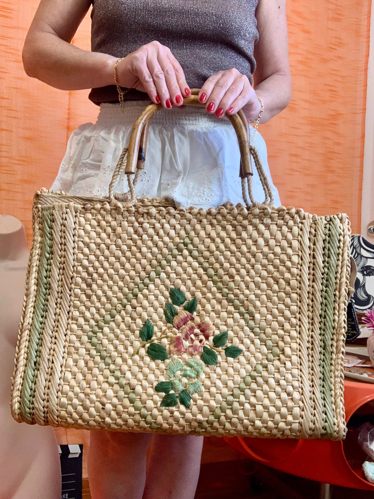 Très grand panier Italy Vintage Fleurs Paille tressée
