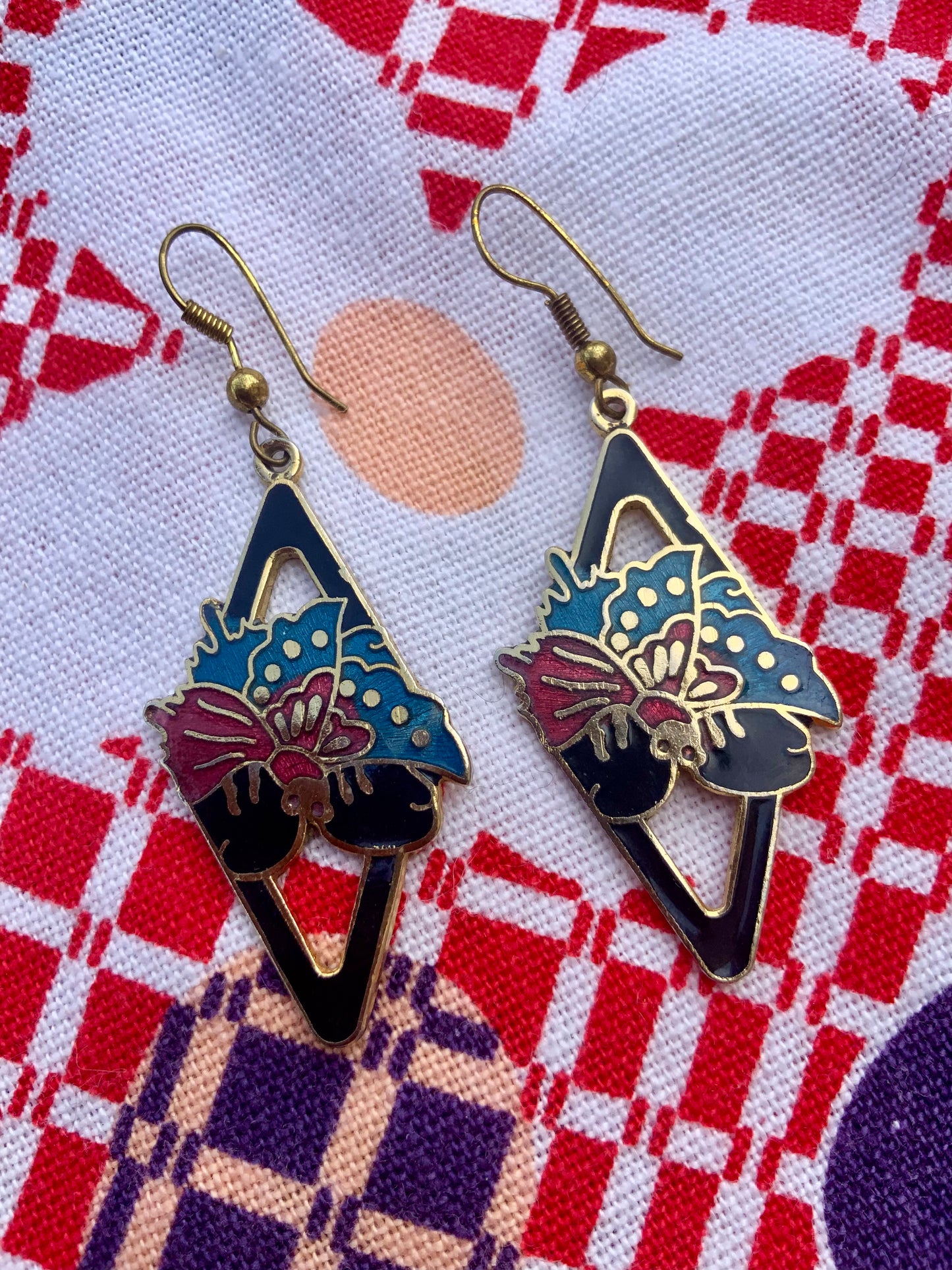 Boucles d’oreilles Vintage 1980 cloisonnées formes triangles et papillons -