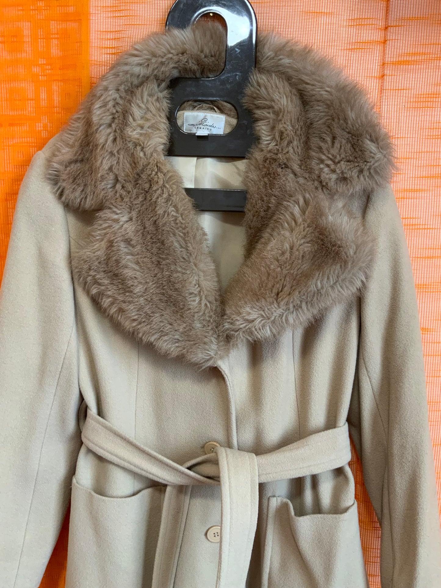 Manteau Laine Vintage 1990 Col Fourrure Synthétique - T42/44 maxi.