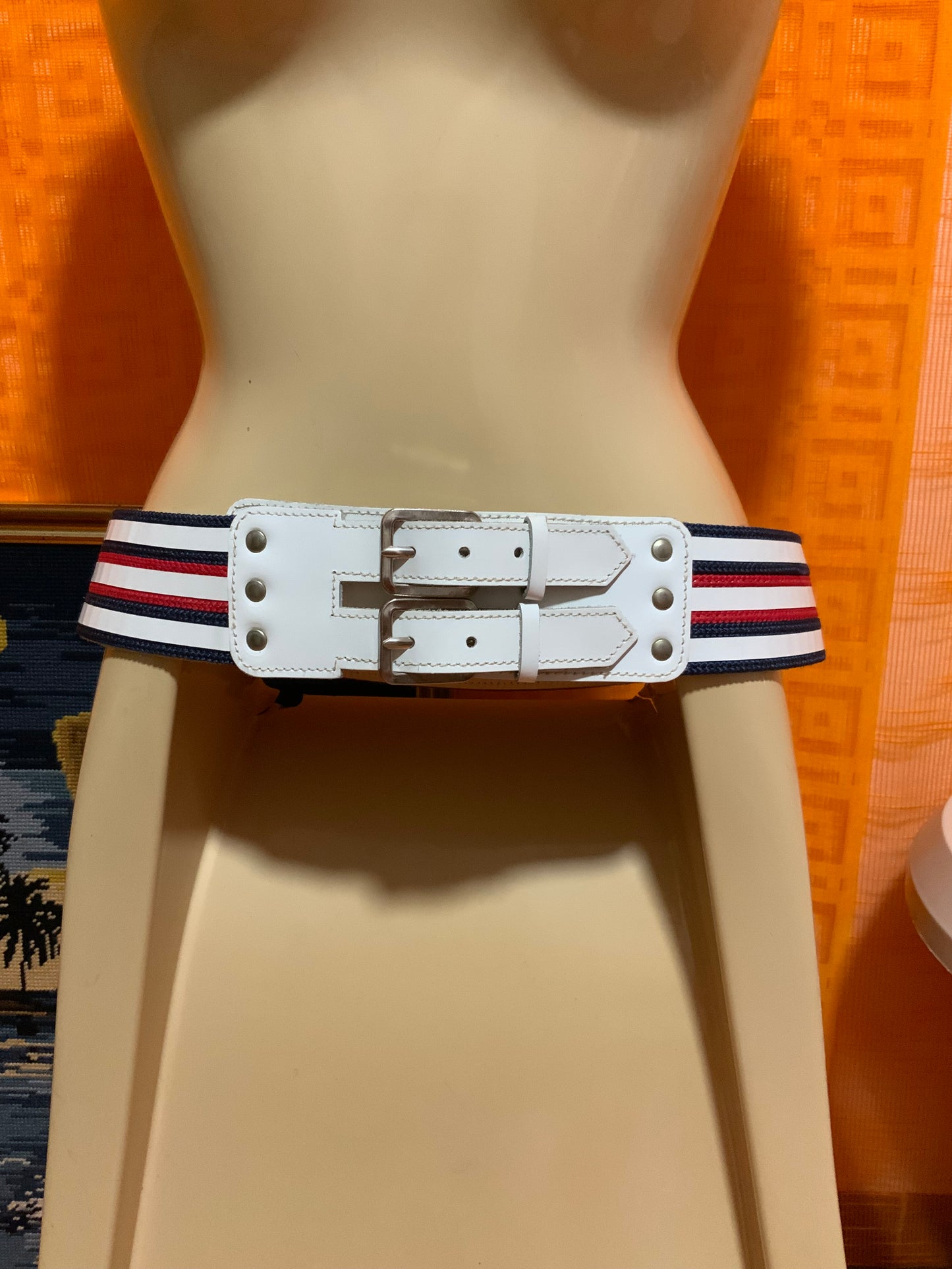Ceinture Bleu blanc rouge Cuir blanc Vintage 1980 - T38