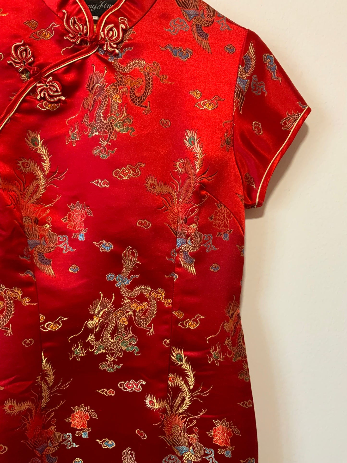 Superbe Robe Chinoise Soie Rouge Dragons-T36