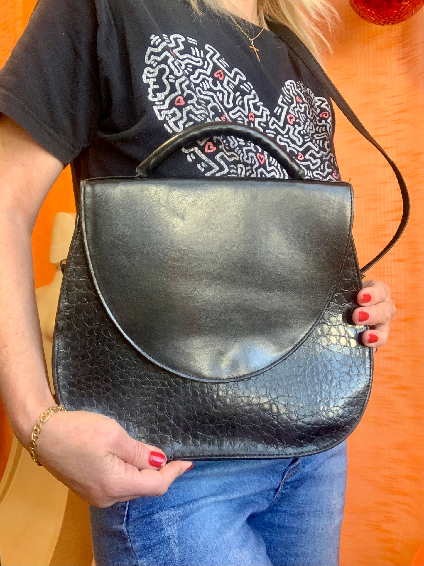 Sac à main grains croco Cuir Noir Vintage 1990-