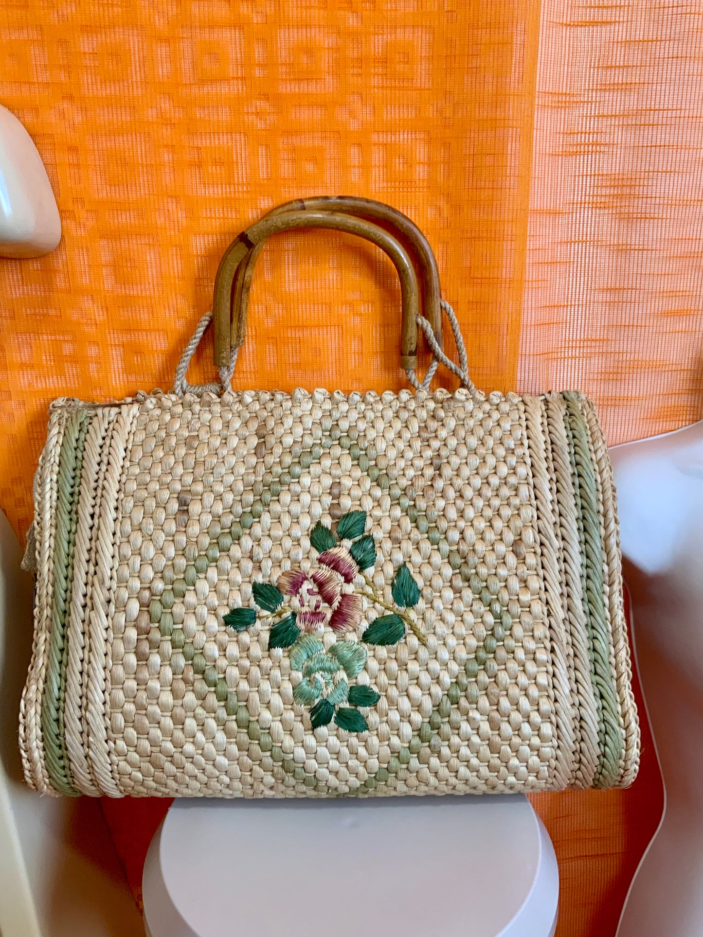 Très grand panier Italy Vintage Fleurs Paille tressée