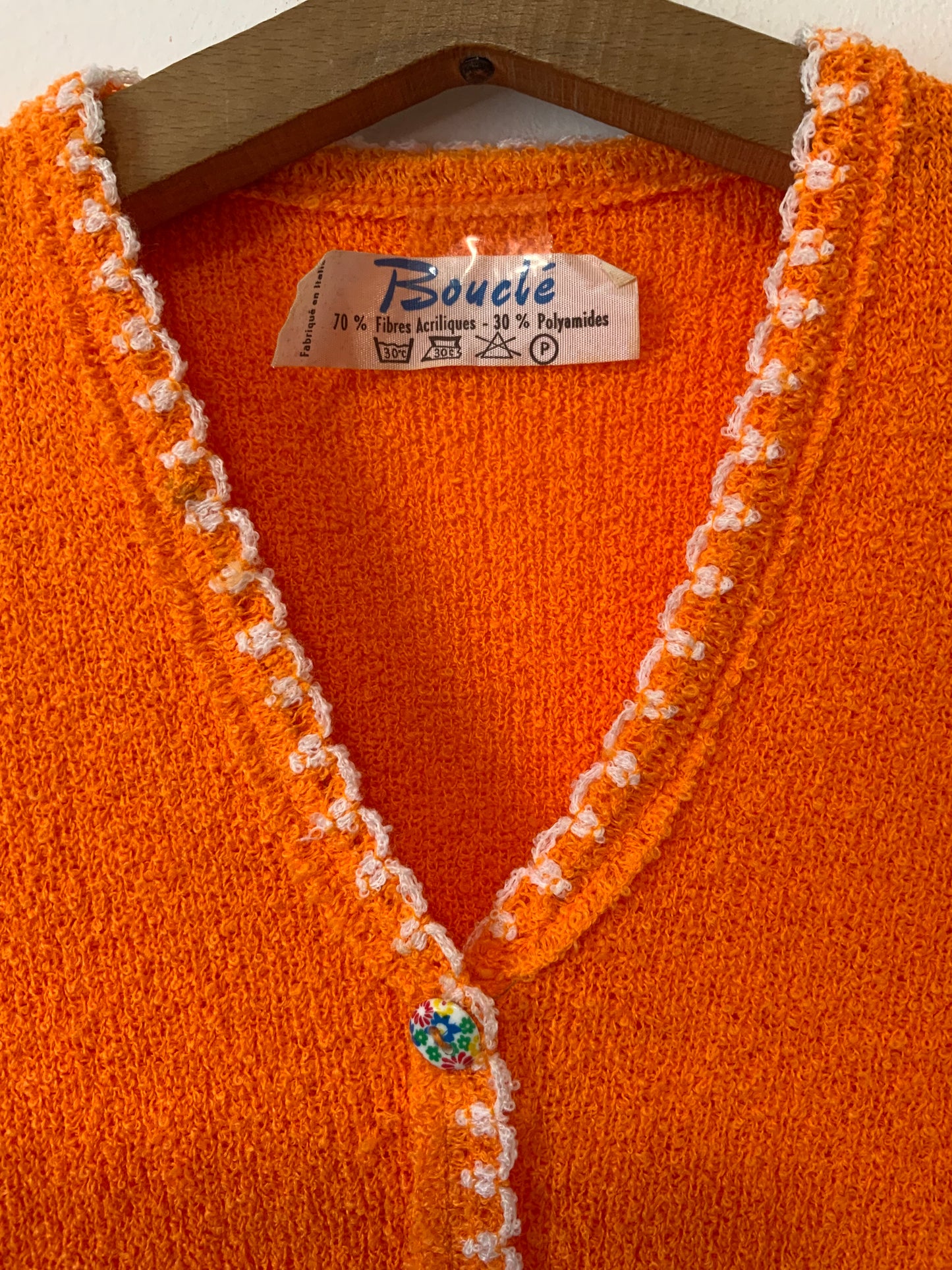 Gilet laine bouclée orange Vintage 1970 - T38 maxi.