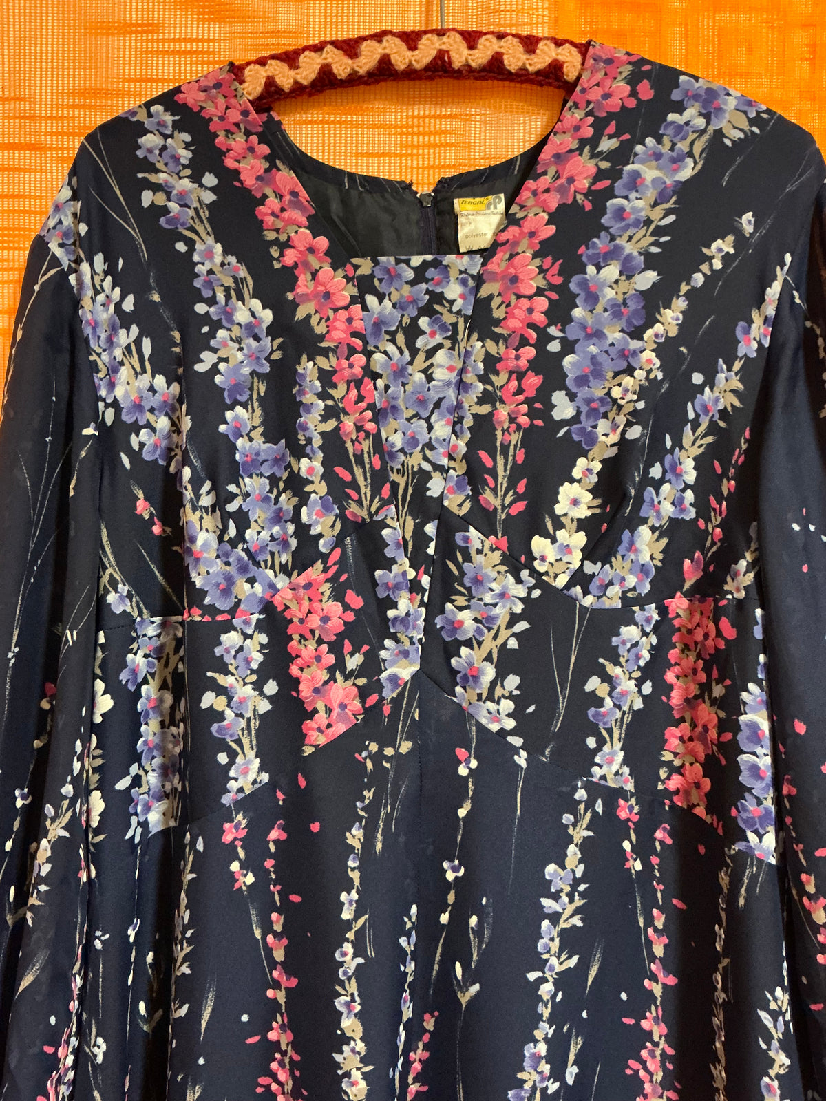 Robe Longue Tergal Mousseline à Fleurs Creation Vintage 1970- T46maxi.