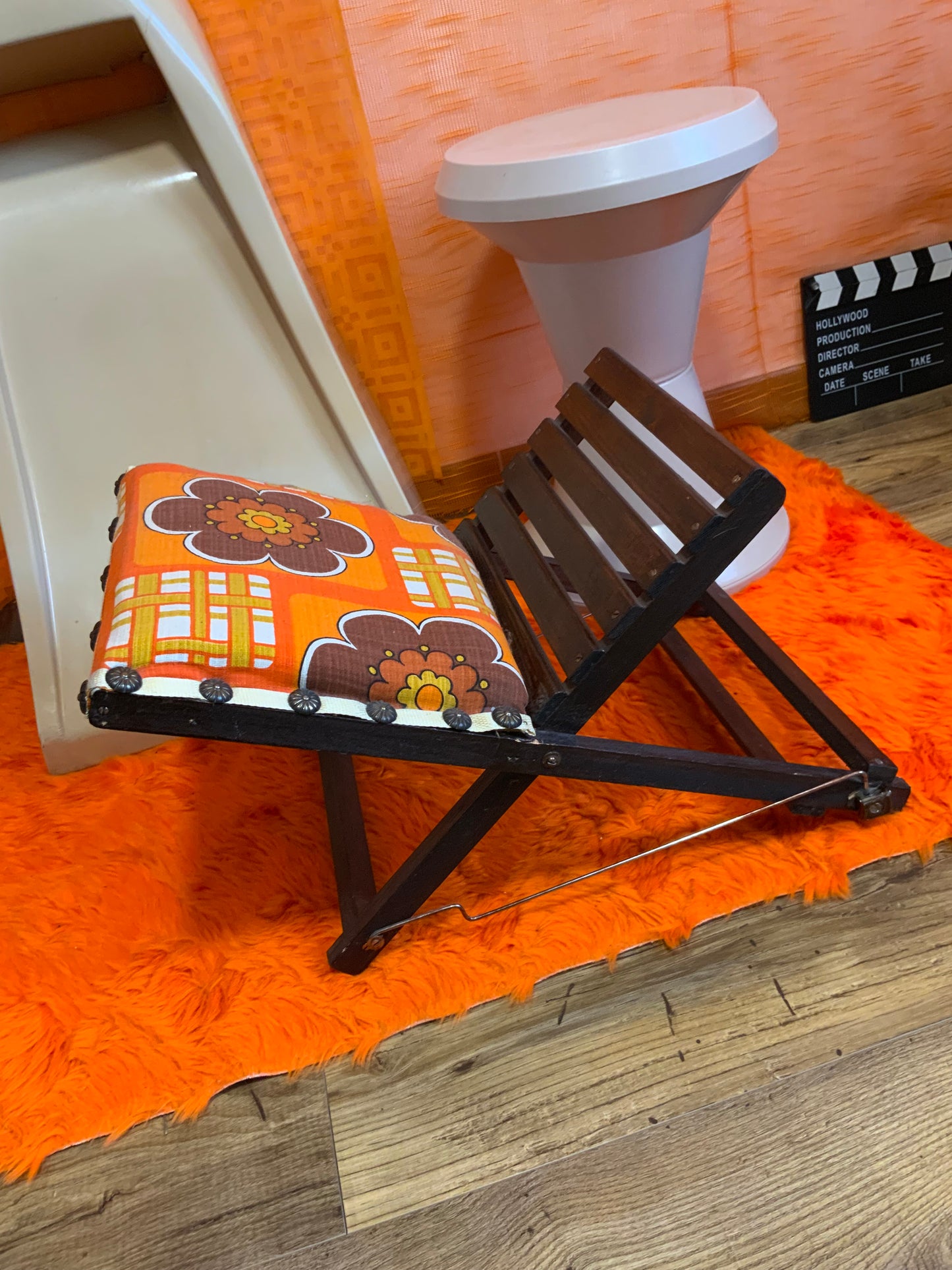 Repose Pieds 1970 Vintage Fleurs Oranges