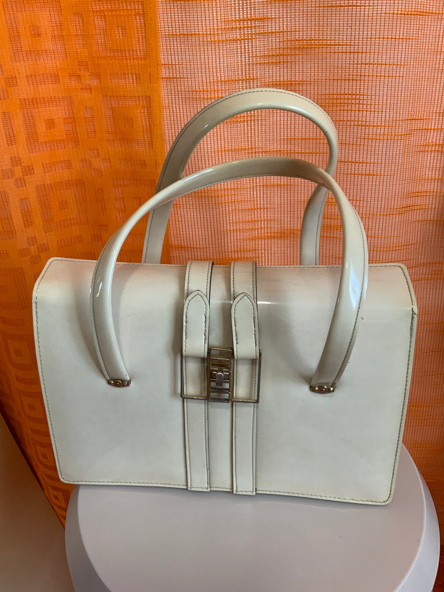 Élégant Sac cuir vernis blanc Ancien Années 50/60 Vintage