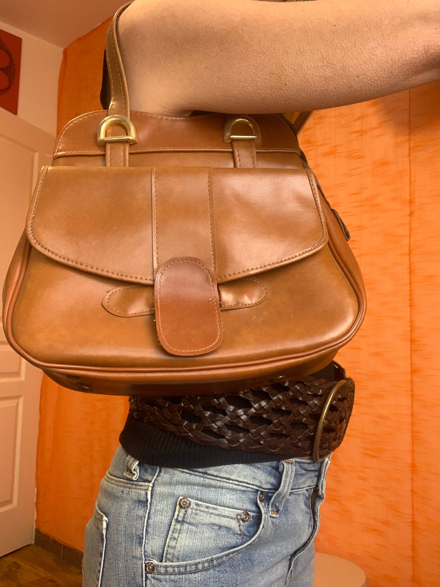 Très beau Sac à main Vintage 1970 Cuir Marron