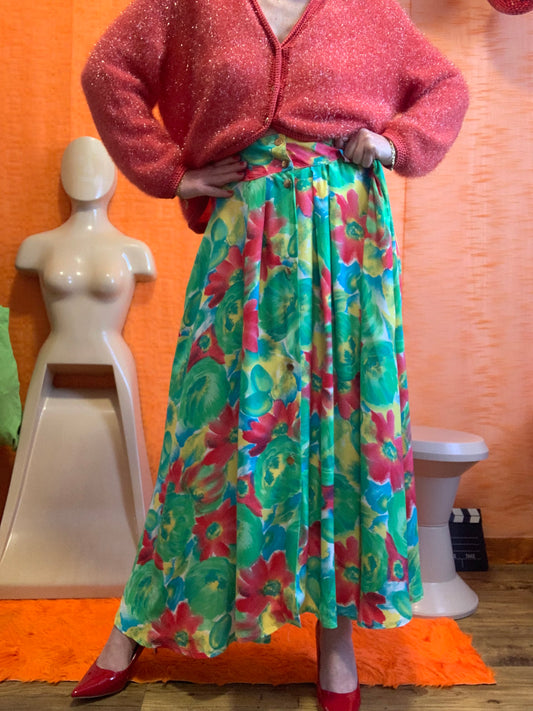 Jupe boutonnée à fleurs Vintage 1980 France -T46