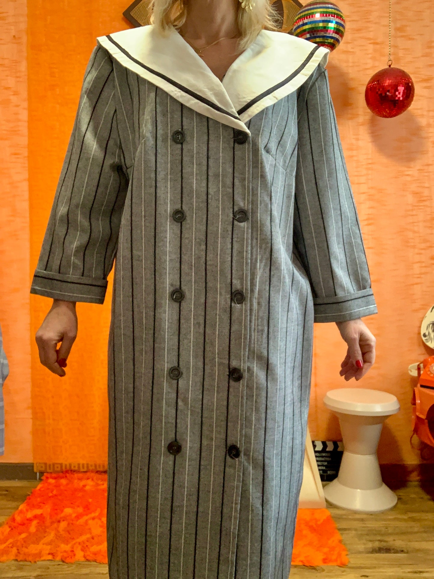 Robe Boutonnée Rayures Grand Col Marin France 1980