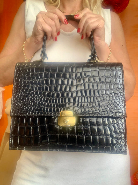 Sac à main Cuir Vernis grains croco Vintage Elegance