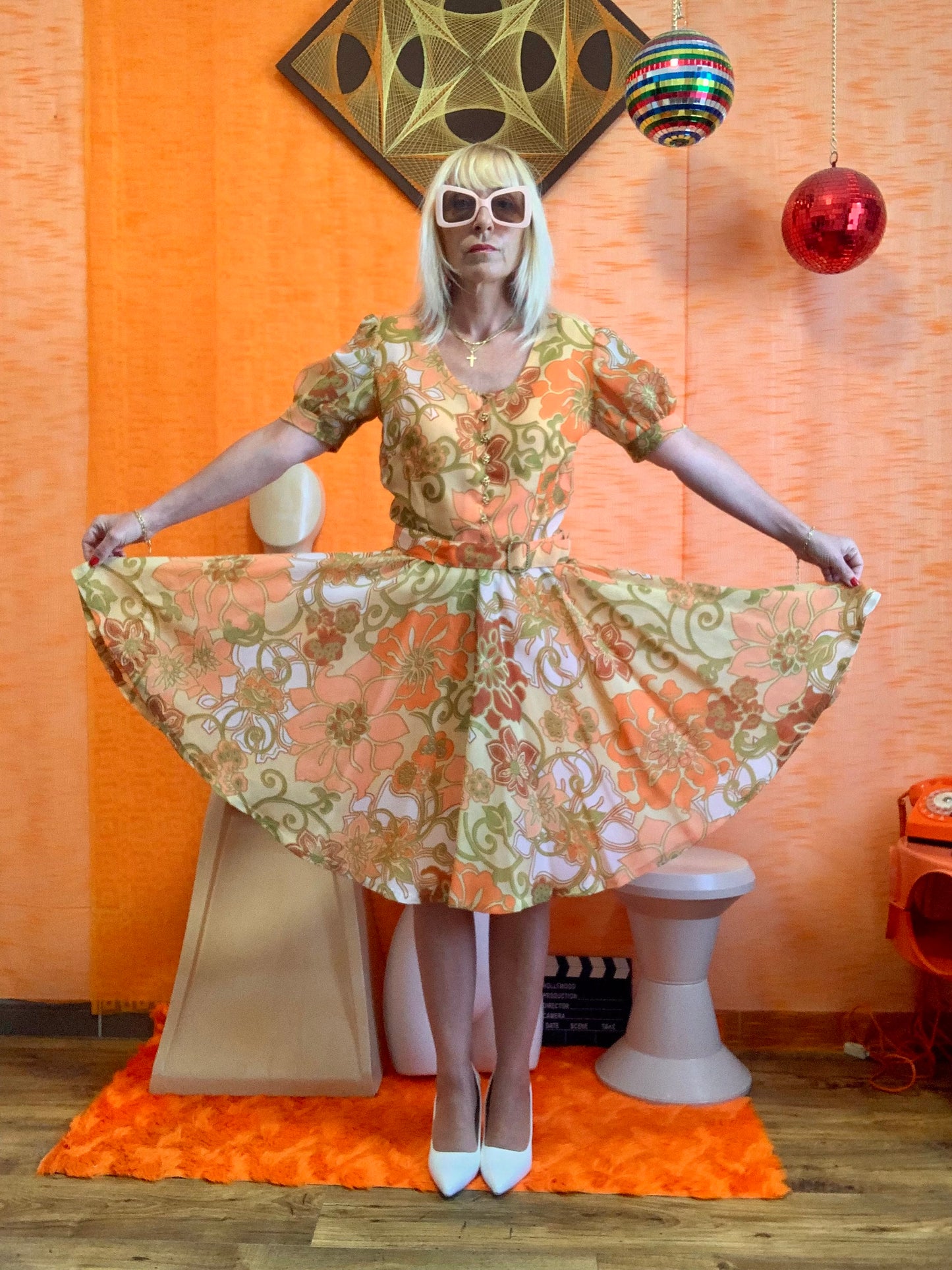 Superbe robe Mousseline Fleurs oranges Vintage 1960/70- T38/40