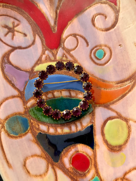 Broche ronde pierres roses Ancienne Vintage