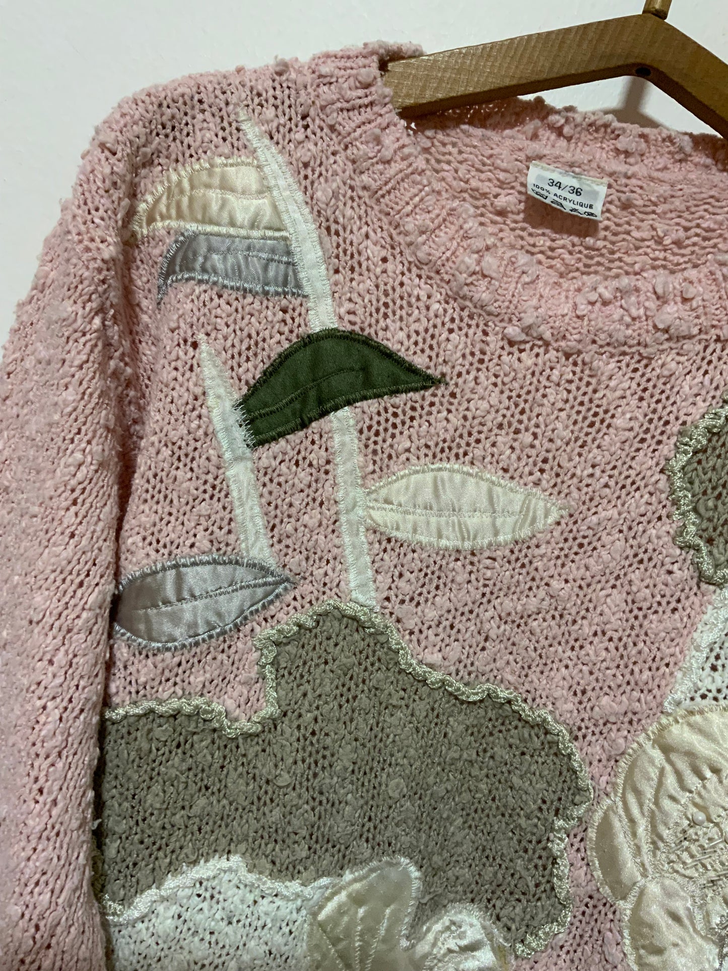 Pull Laine rose à fleurs Vintage 1980- T38
