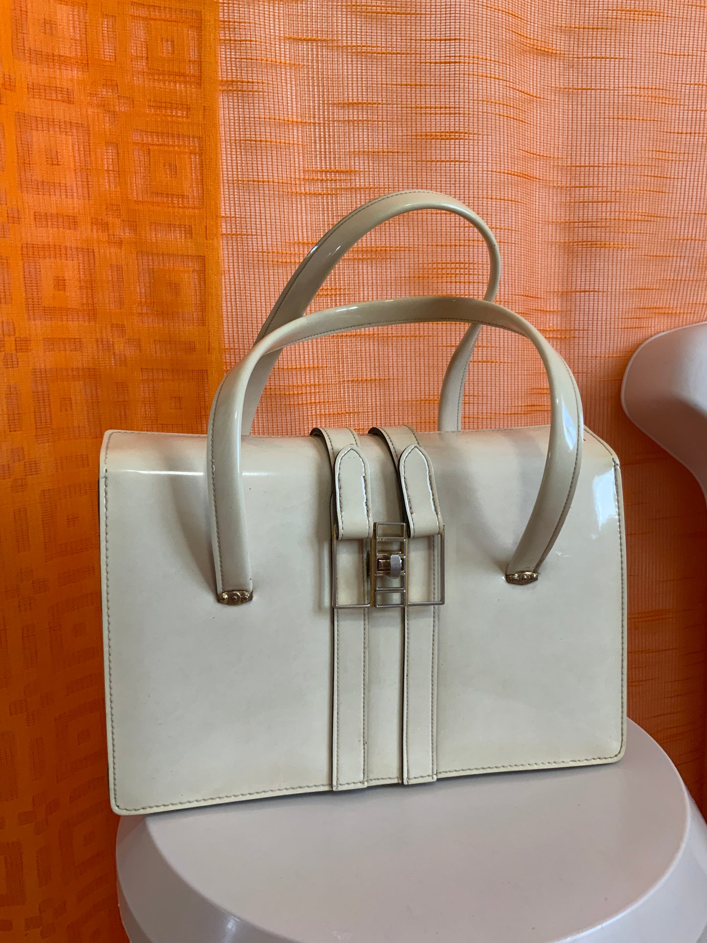 Élégant Sac cuir vernis blanc Ancien Années 50/60 Vintage