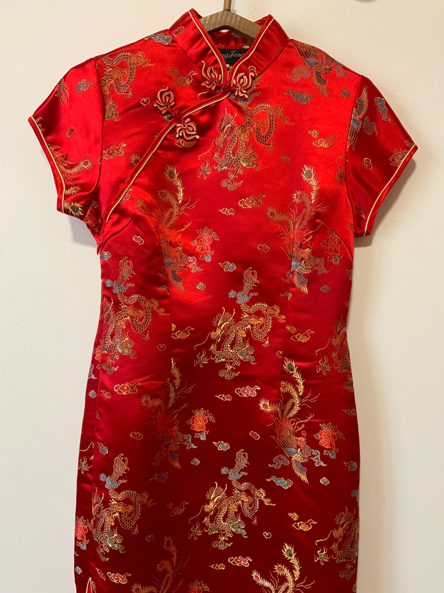 Superbe Robe Chinoise Soie Rouge Dragons-T36