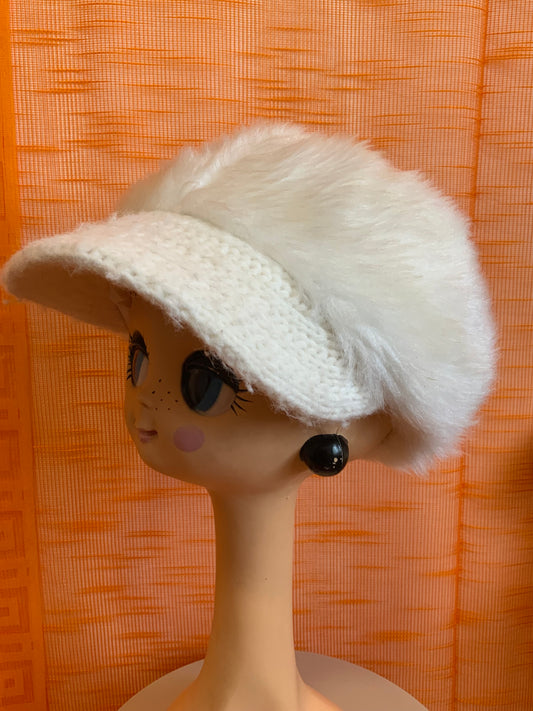 Chapeau Casquette Moumoute Blanche Vintage 1970 -TU