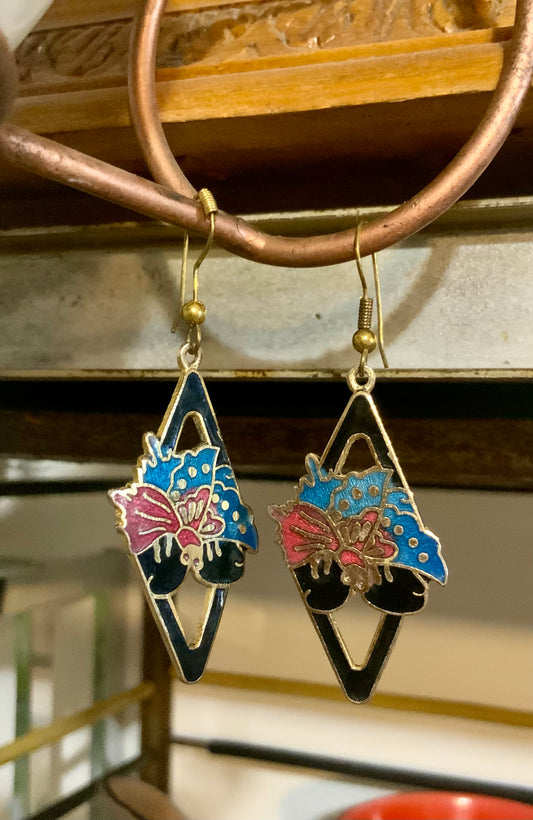 Boucles d’oreilles Vintage 1980 cloisonnées formes triangles et papillons -