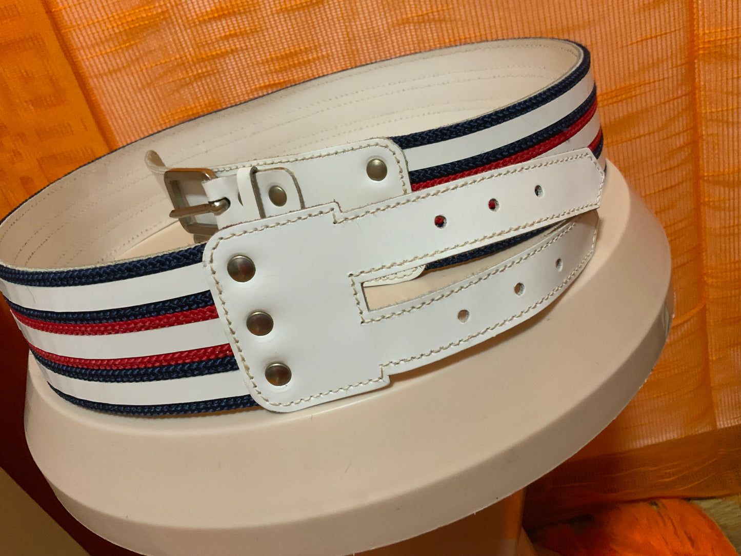 Ceinture Bleu blanc rouge Cuir blanc Vintage 1980 - T38