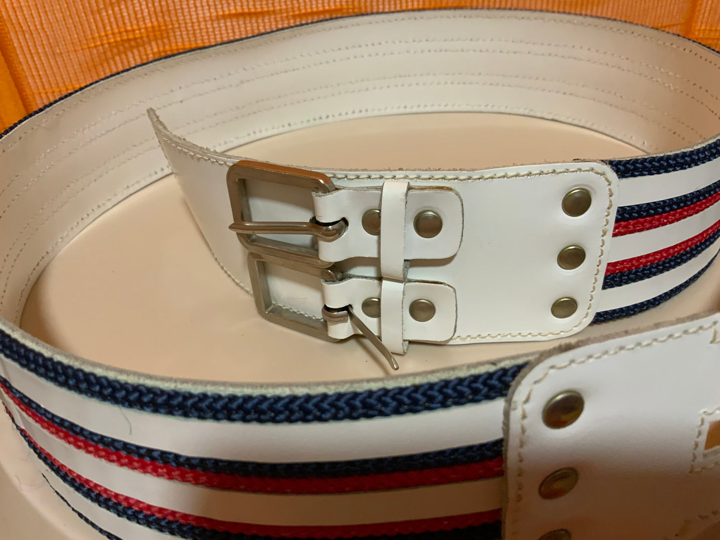 Ceinture Bleu blanc rouge Cuir blanc Vintage 1980 - T38