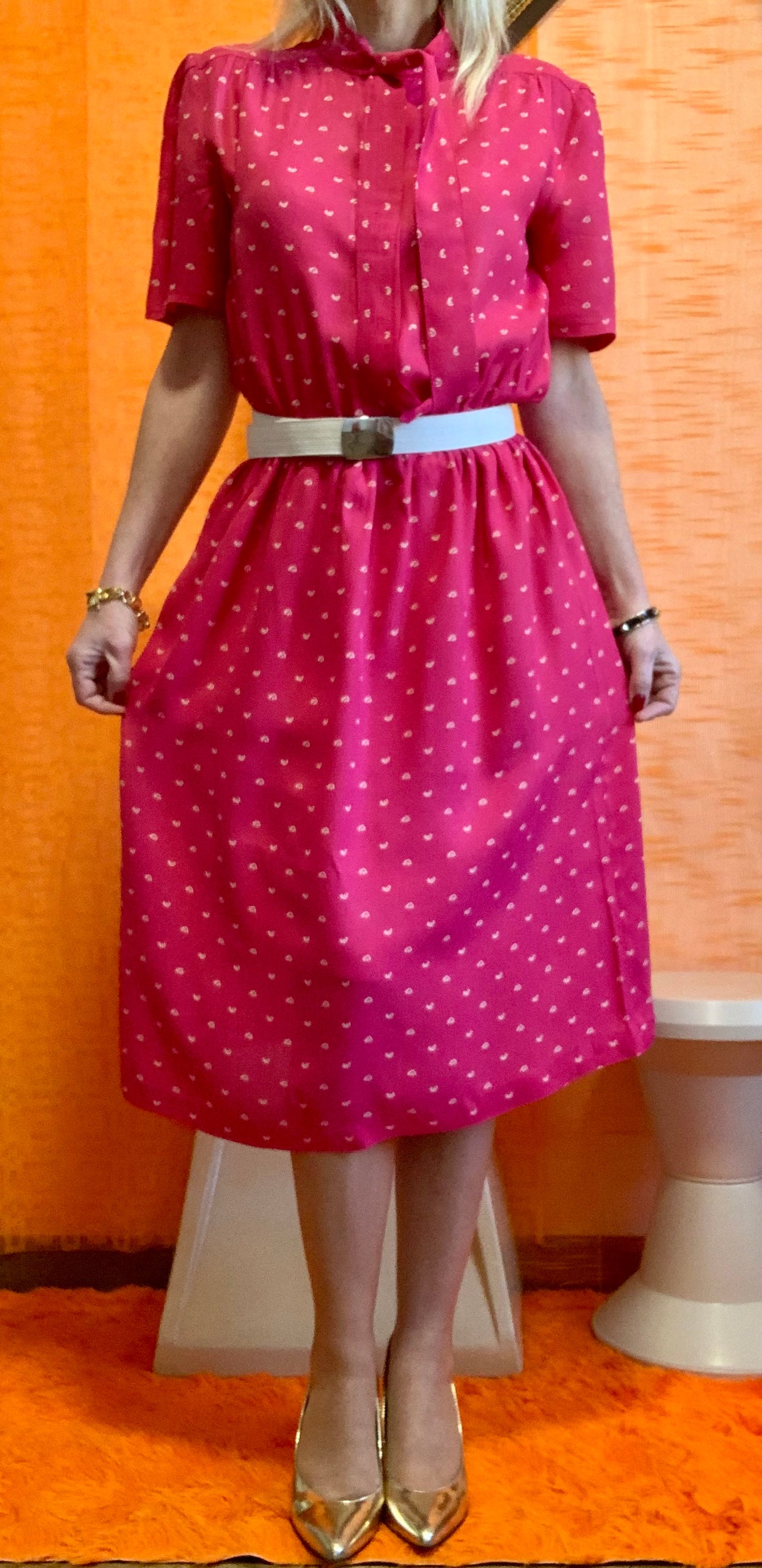 Robe Vintage 1980 Rose bonbon a col Lavallière - T40