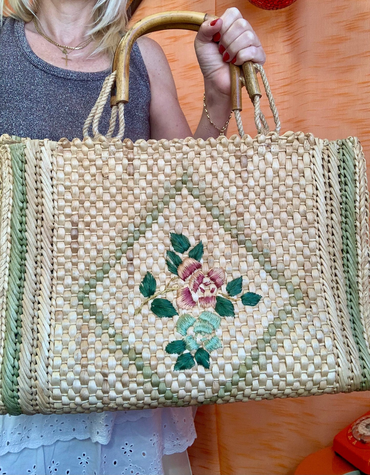 Très grand panier Italy Vintage Fleurs Paille tressée