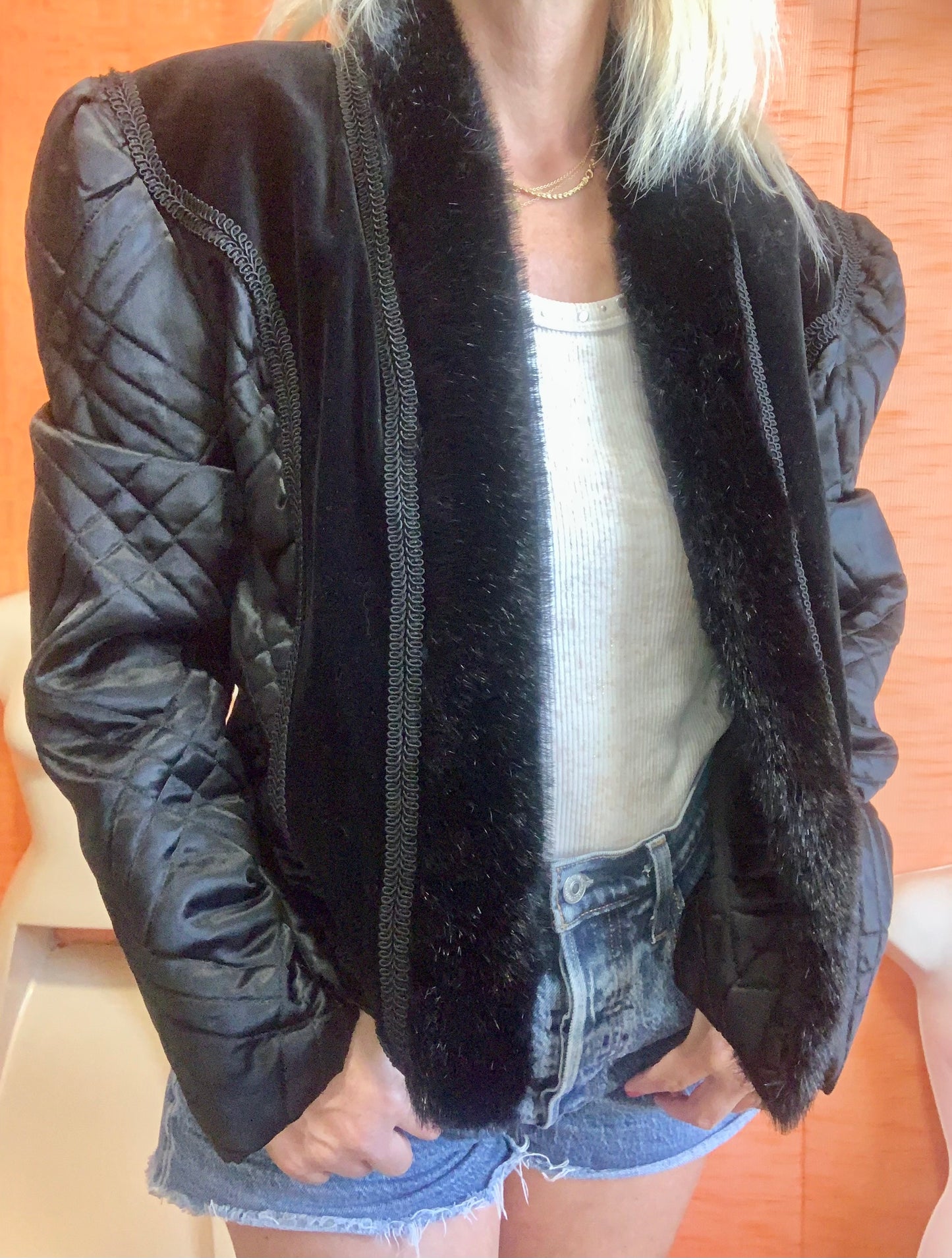 Veste matelassée Vintage 1980 Velours et fourrure synthétique- TU
