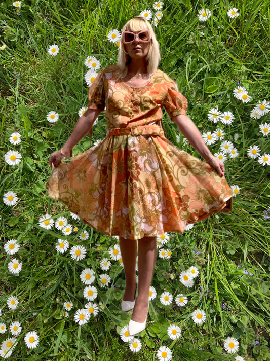 Superbe robe Mousseline Fleurs oranges Vintage 1960/70- T38/40