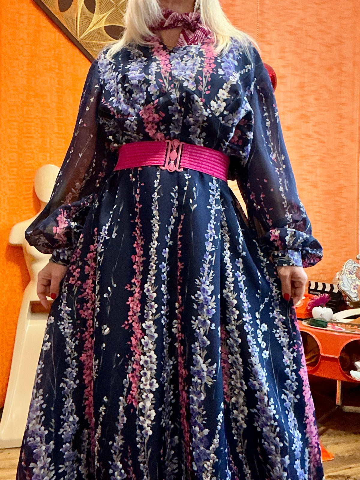 Robe Longue Tergal Mousseline à Fleurs Creation Vintage 1970- T46maxi.