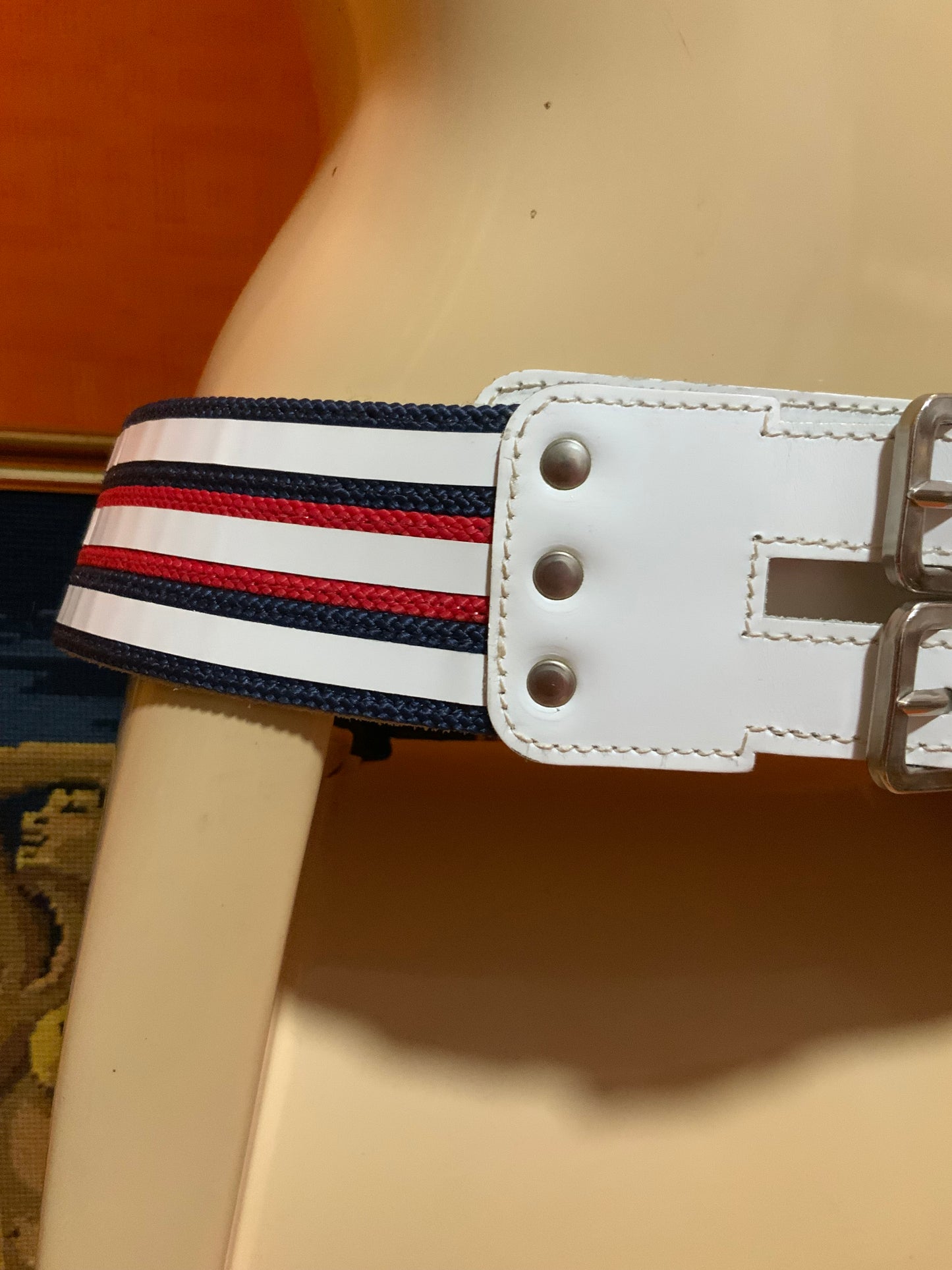 Ceinture Bleu blanc rouge Cuir blanc Vintage 1980 - T38