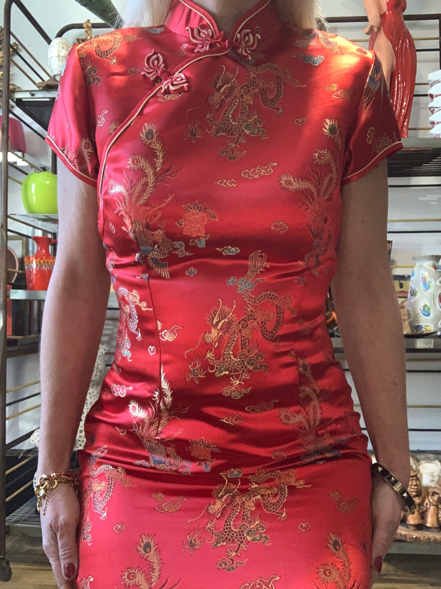 Superbe Robe Chinoise Soie Rouge Dragons-T36