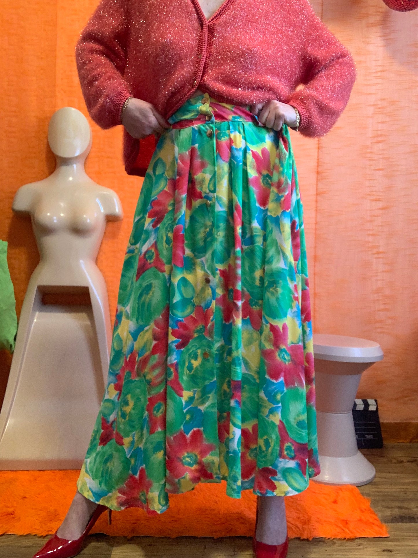 Jupe boutonnée à fleurs Vintage 1980 France -T46