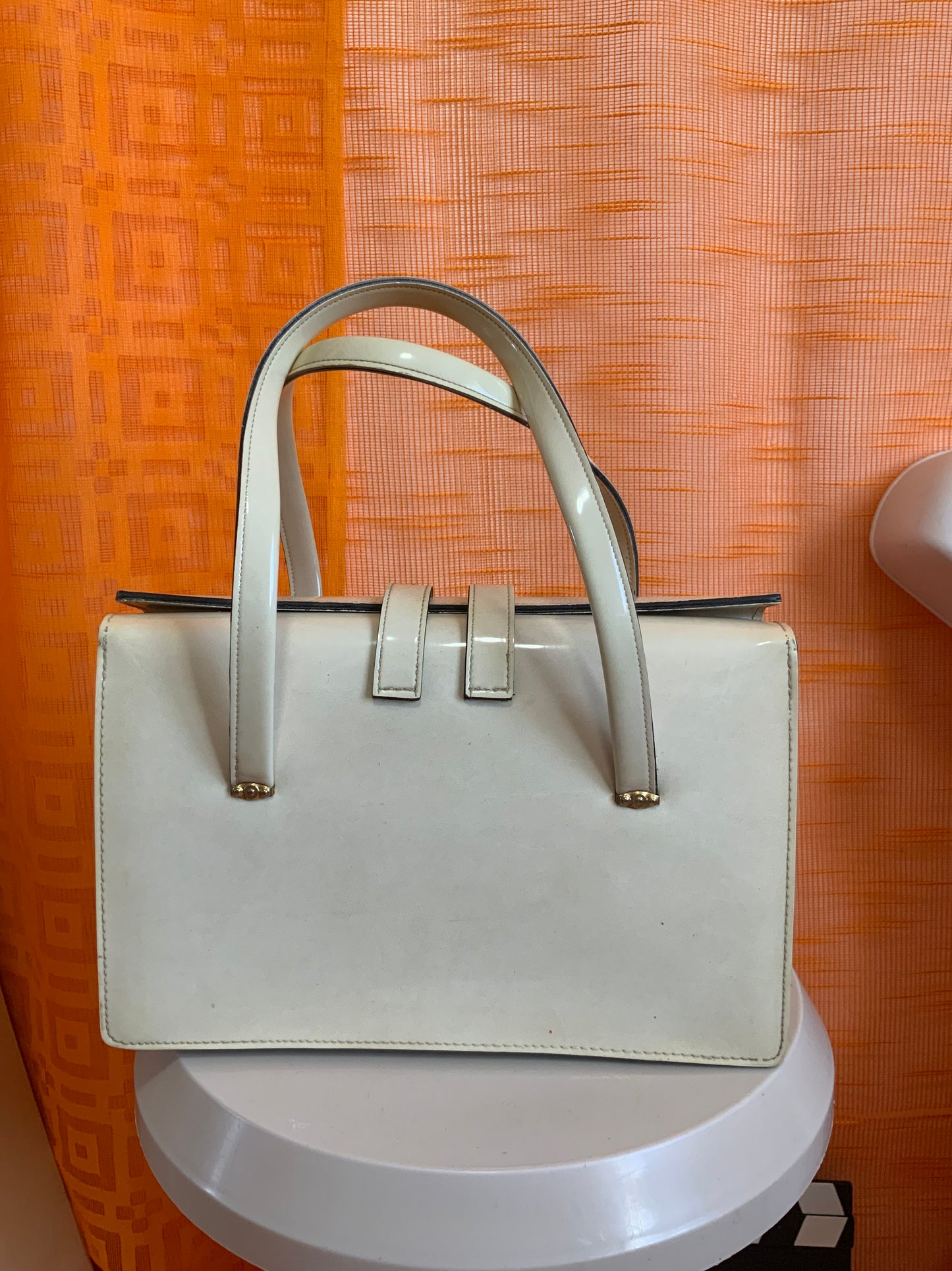 Élégant Sac cuir vernis blanc Ancien Années 50/60 Vintage