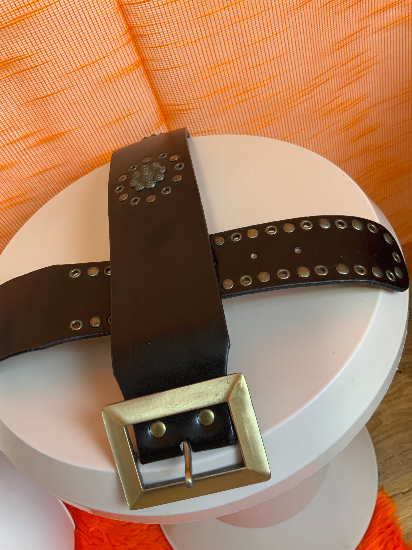 Ceinture cuir noir métal Vintage- T40
