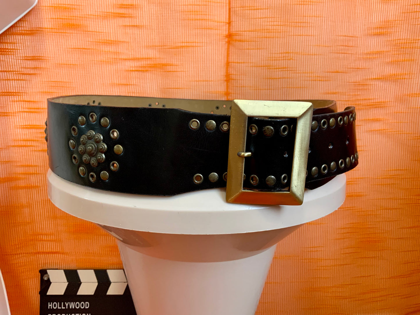 Ceinture cuir noir métal Vintage- T40