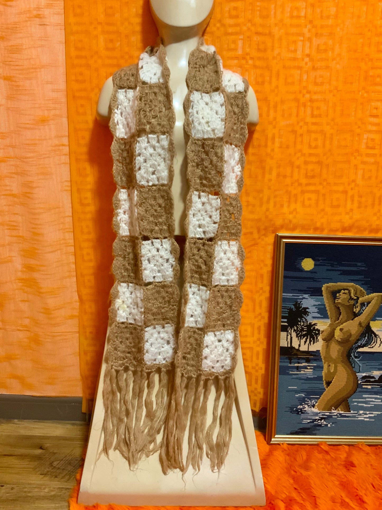 Sublime grande Écharpe Tricot Laine Faite main pailletée 1970 Vintage